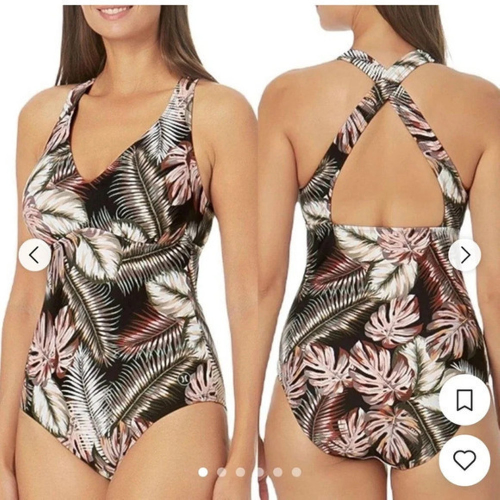 Hurley Peach Black Palm Leaf V-Neck Padded Bra One Piece Bathing Suit size L